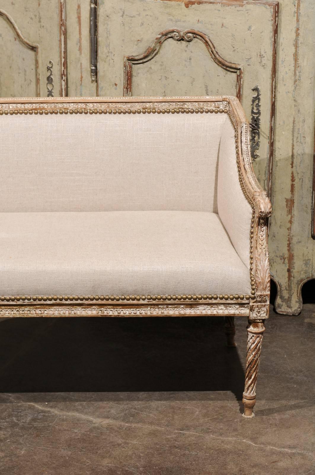 Petite 1820-1840 French Louis XVI Style Upholstered Bench with Distressed Finish In Good Condition In Atlanta, GA