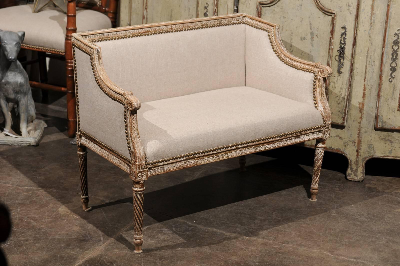 19th Century Petite 1820-1840 French Louis XVI Style Upholstered Bench with Distressed Finish