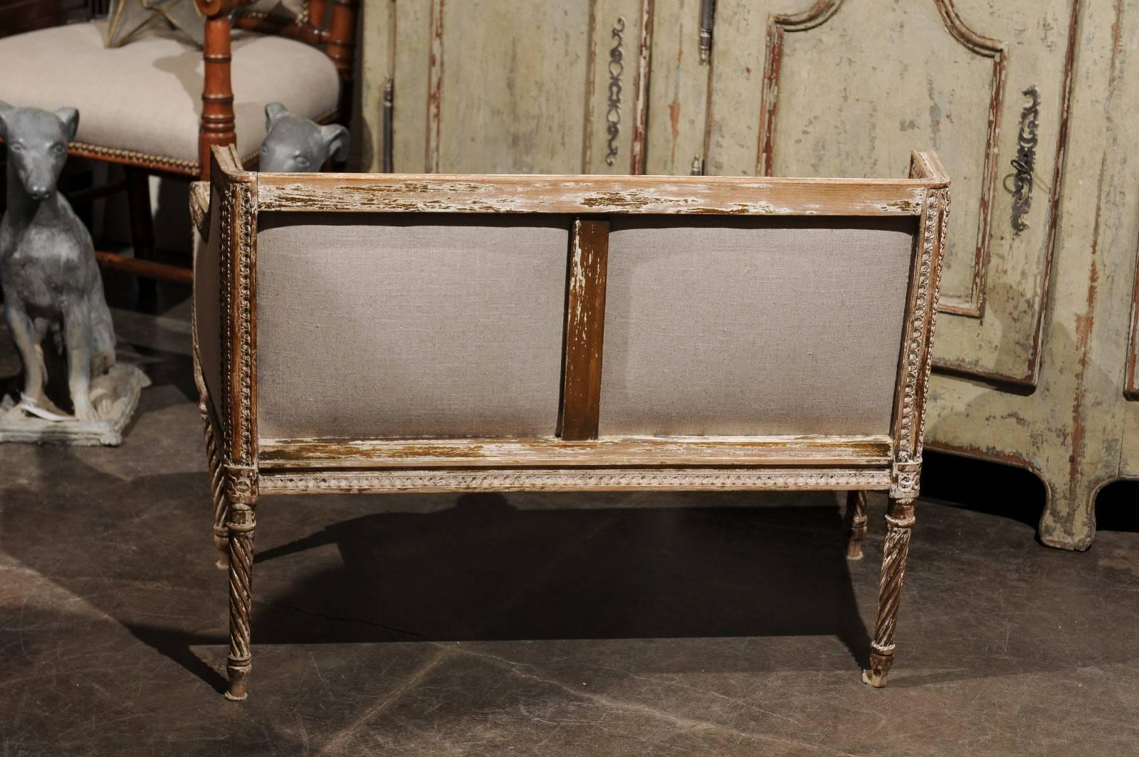 Petite 1820-1840 French Louis XVI Style Upholstered Bench with Distressed Finish 1