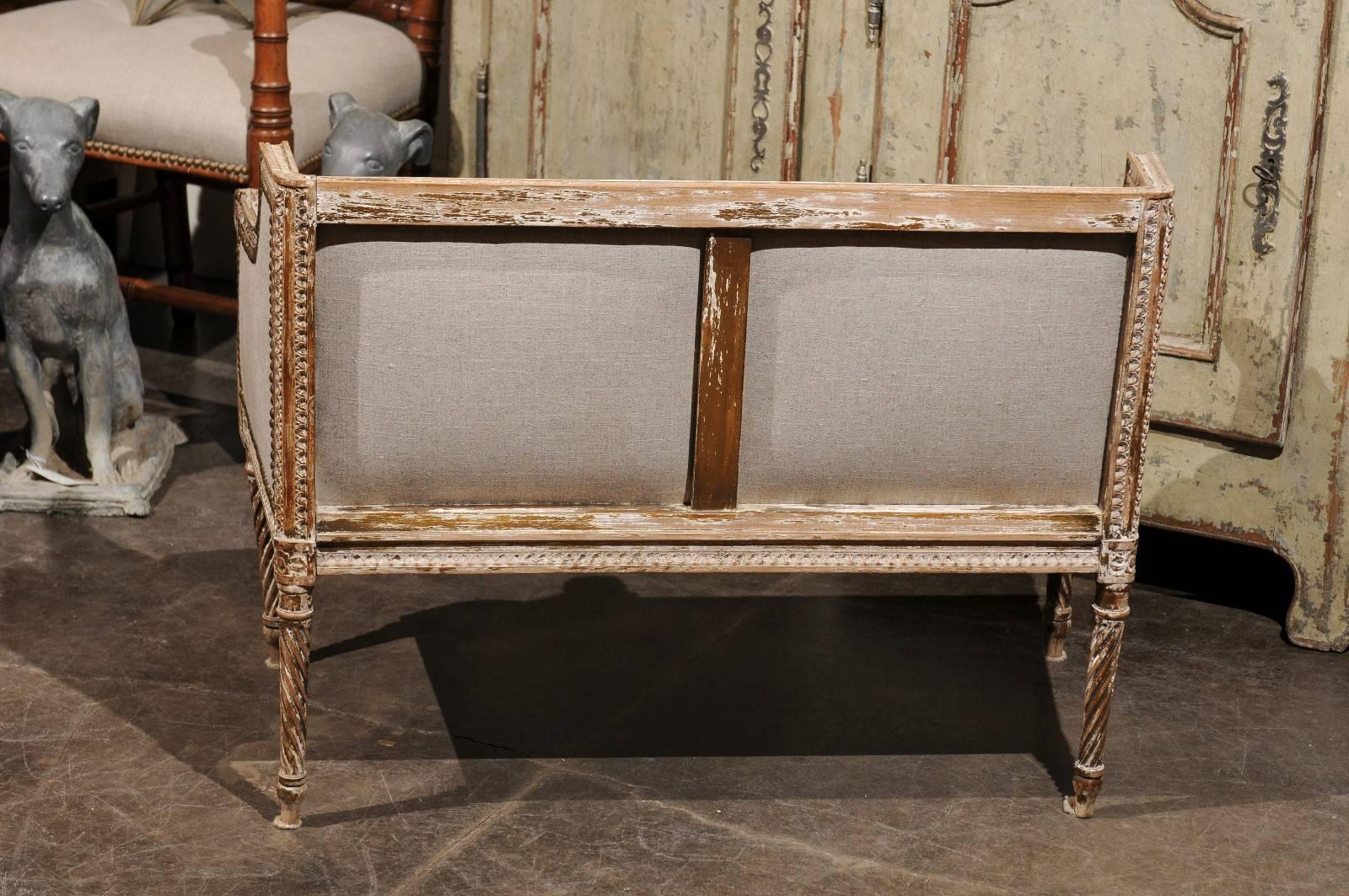 Petite 1820-1840 French Louis XVI Style Upholstered Bench with Distressed Finish 2