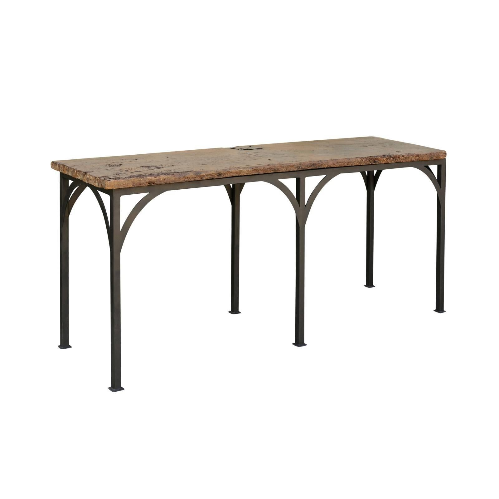 Console Table Made of an 18th Century Spanish Chestnut Board on Custom Iron Base