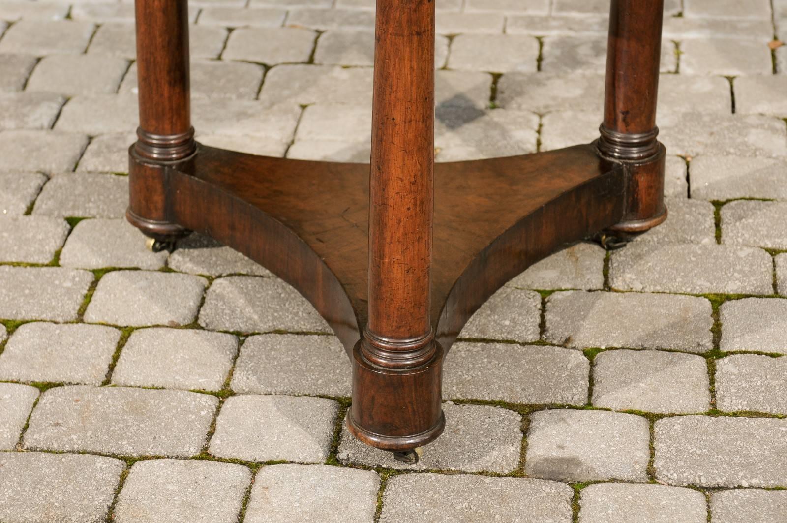 Brass French 1870s Empire Style Walnut Round Center Table with Column-Shaped Legs