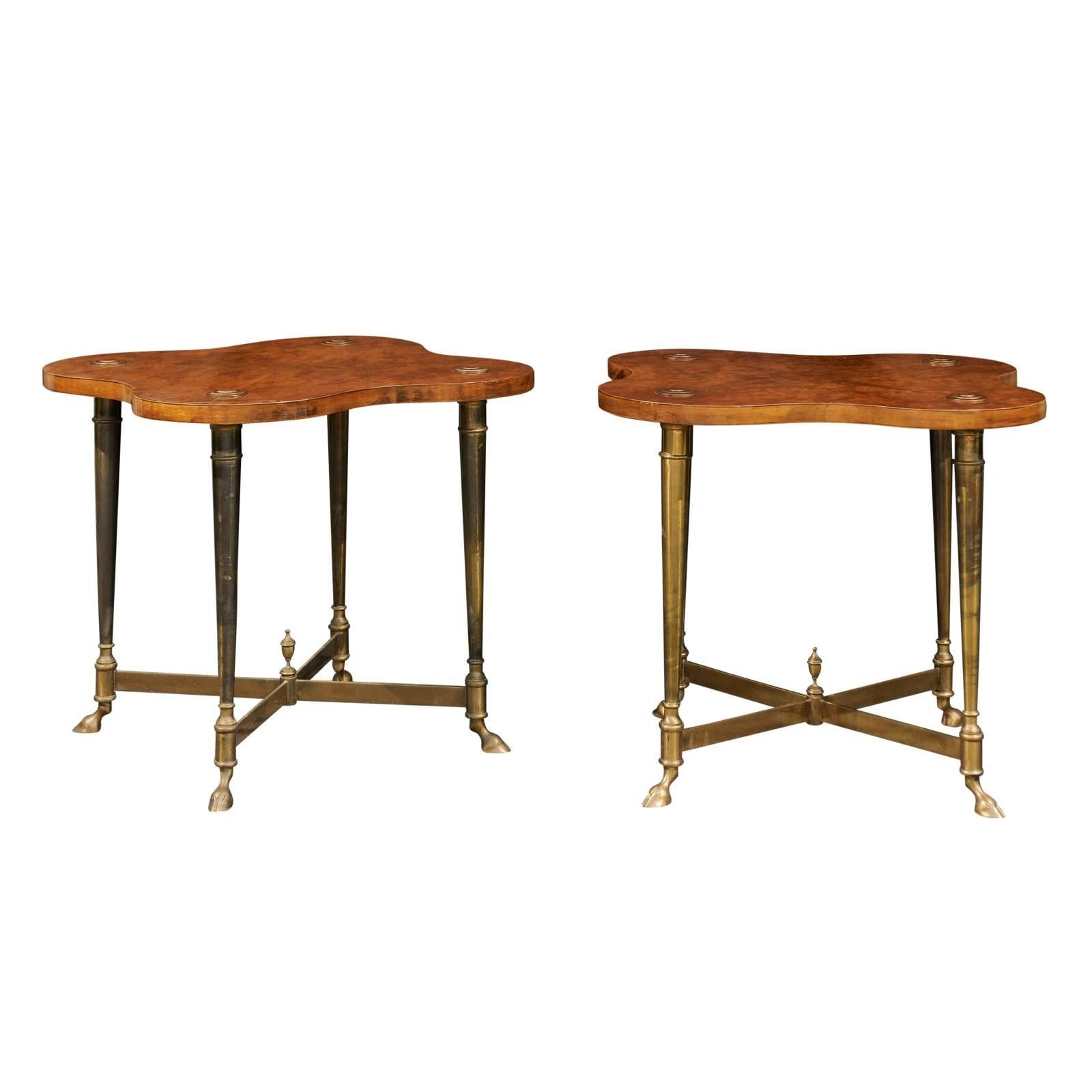 Pair of English Side Tables with Burled Walnut Tops and Brass Frame, circa 1960