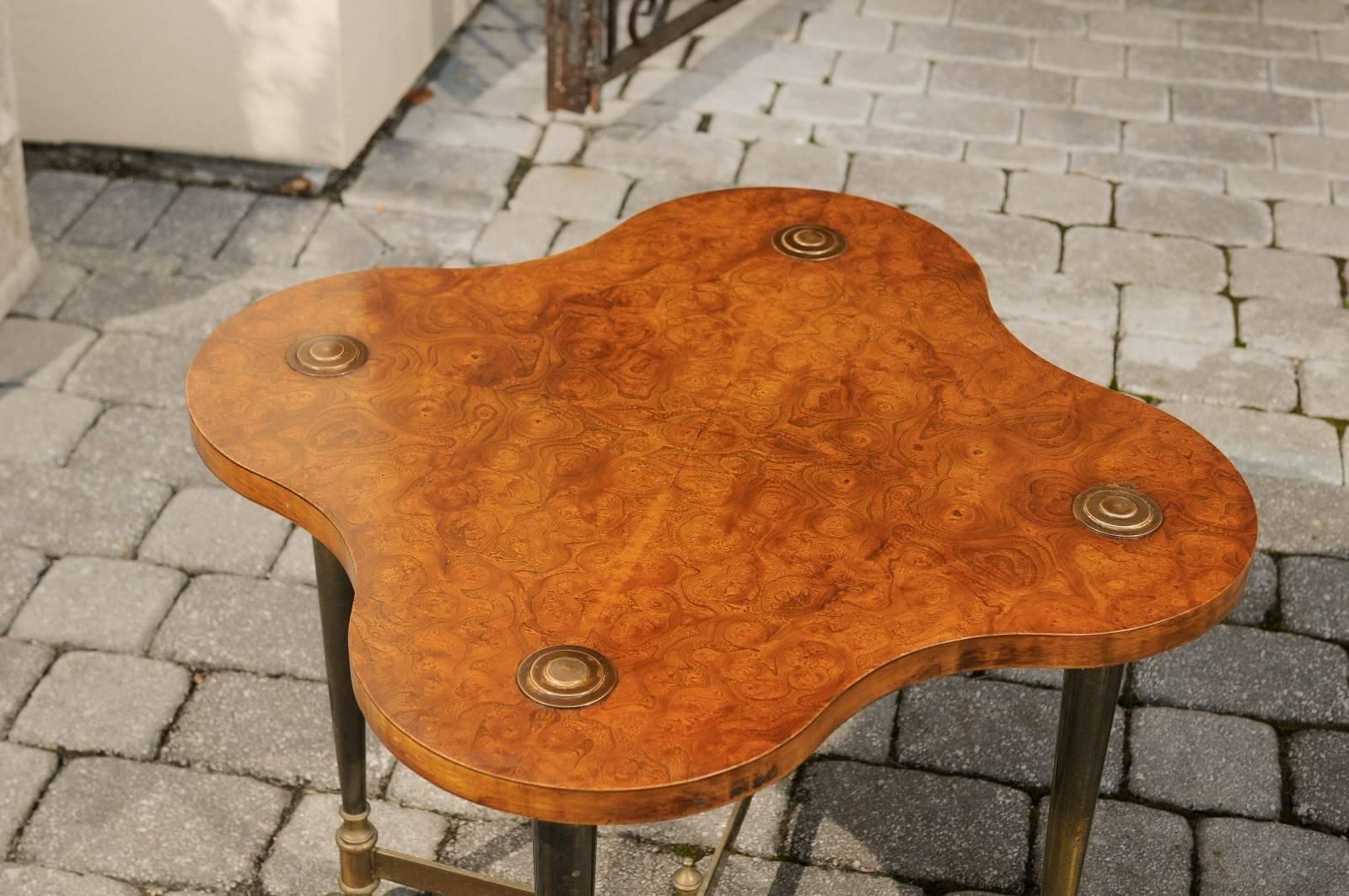 Pair of English Side Tables with Burled Walnut Tops and Brass Frame, circa 1960 1