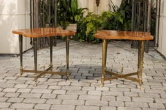 Pair of English Side Tables with Burled Walnut Tops and Brass Frame, circa 1960