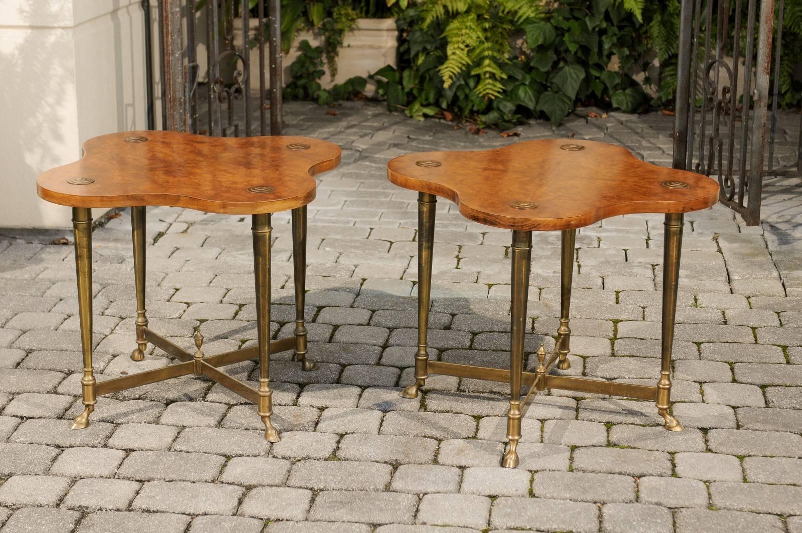 Pair of English Side Tables with Burled Walnut Tops and Brass Frame, circa 1960 4