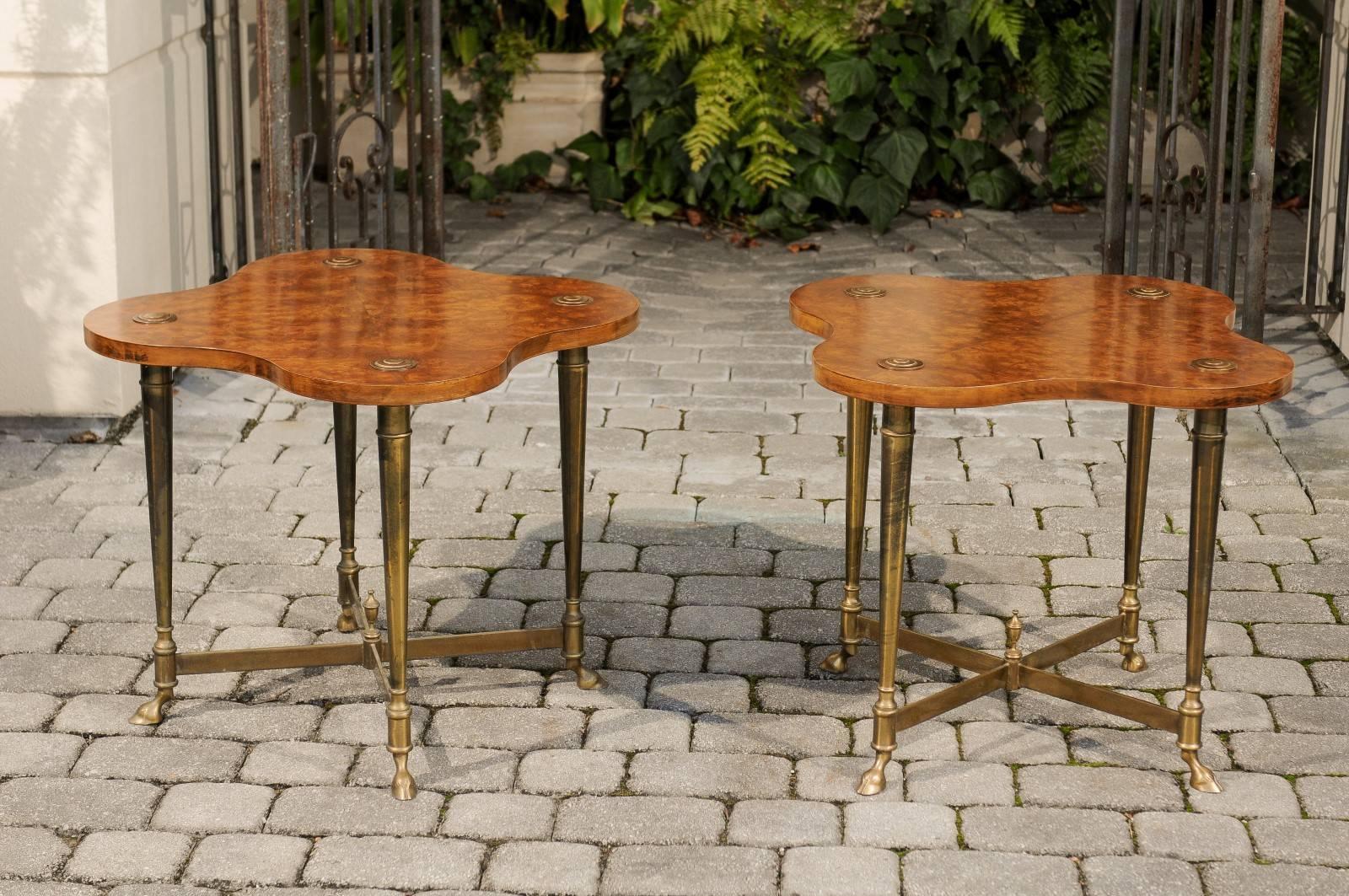 Pair of English Side Tables with Burled Walnut Tops and Brass Frame, circa 1960 3