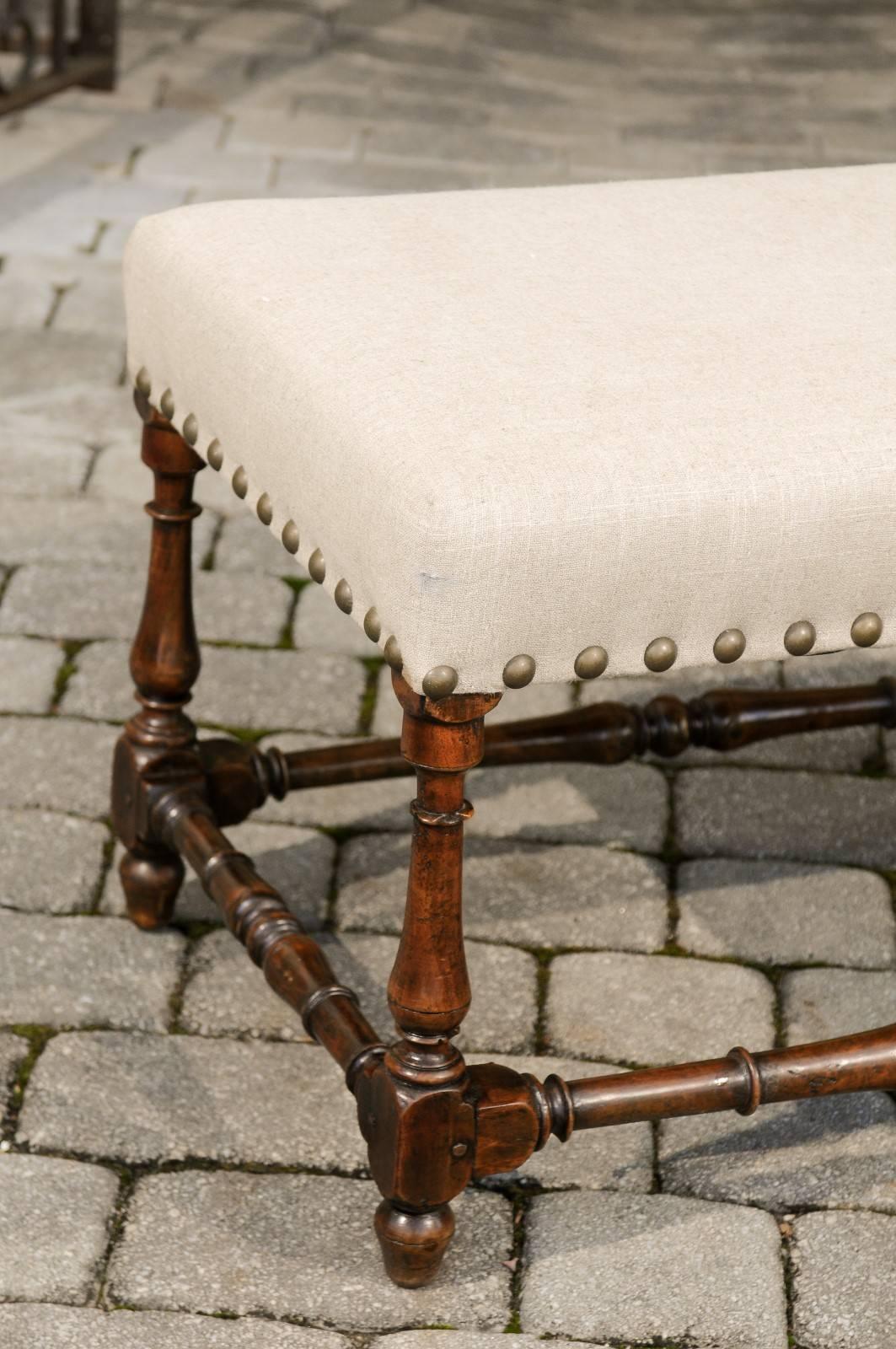 18th Century and Earlier 18th Century Italian Wooden Bench with Upholstered Seat and Brass Nailheads