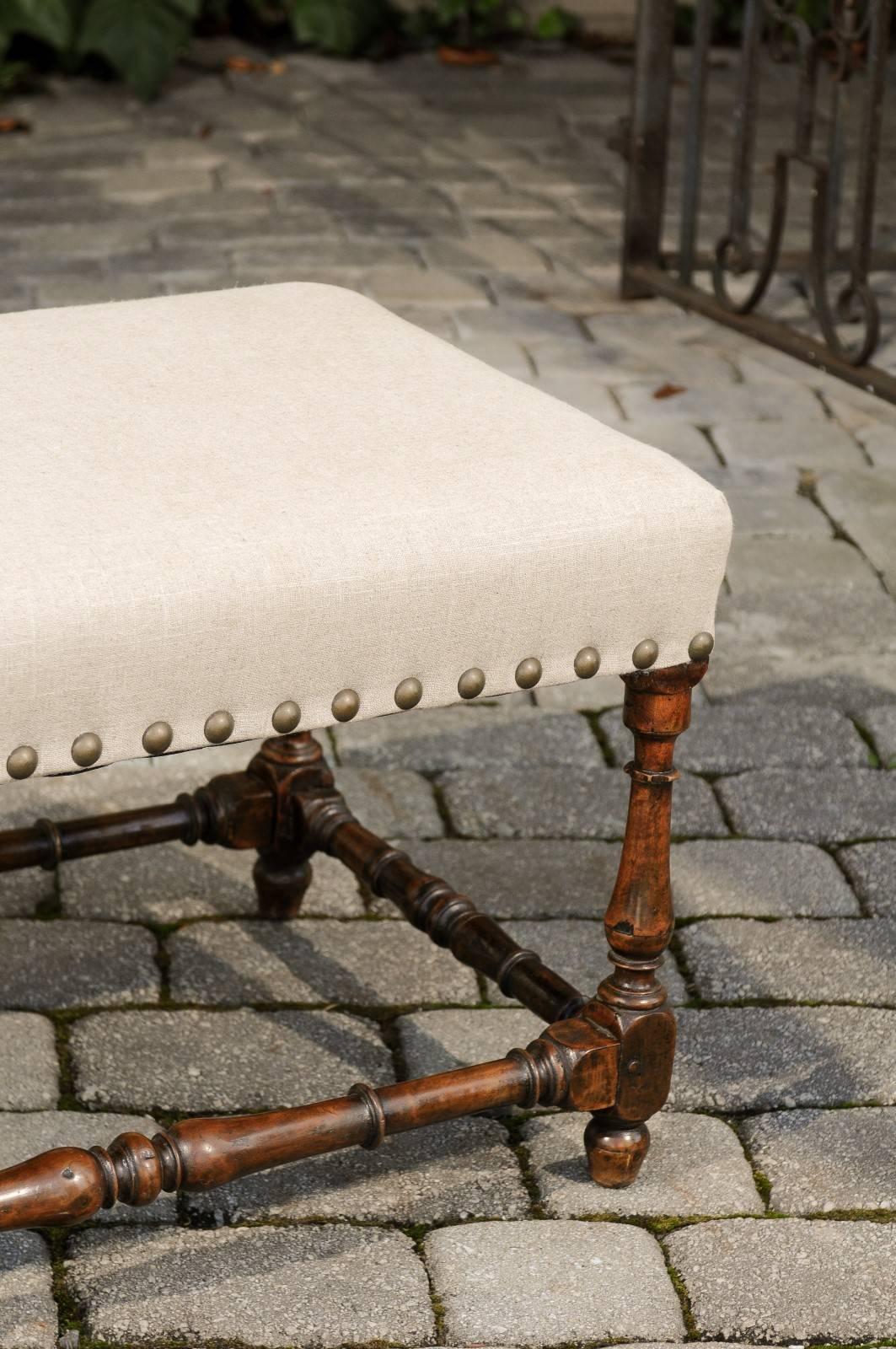 Linen 18th Century Italian Wooden Bench with Upholstered Seat and Brass Nailheads