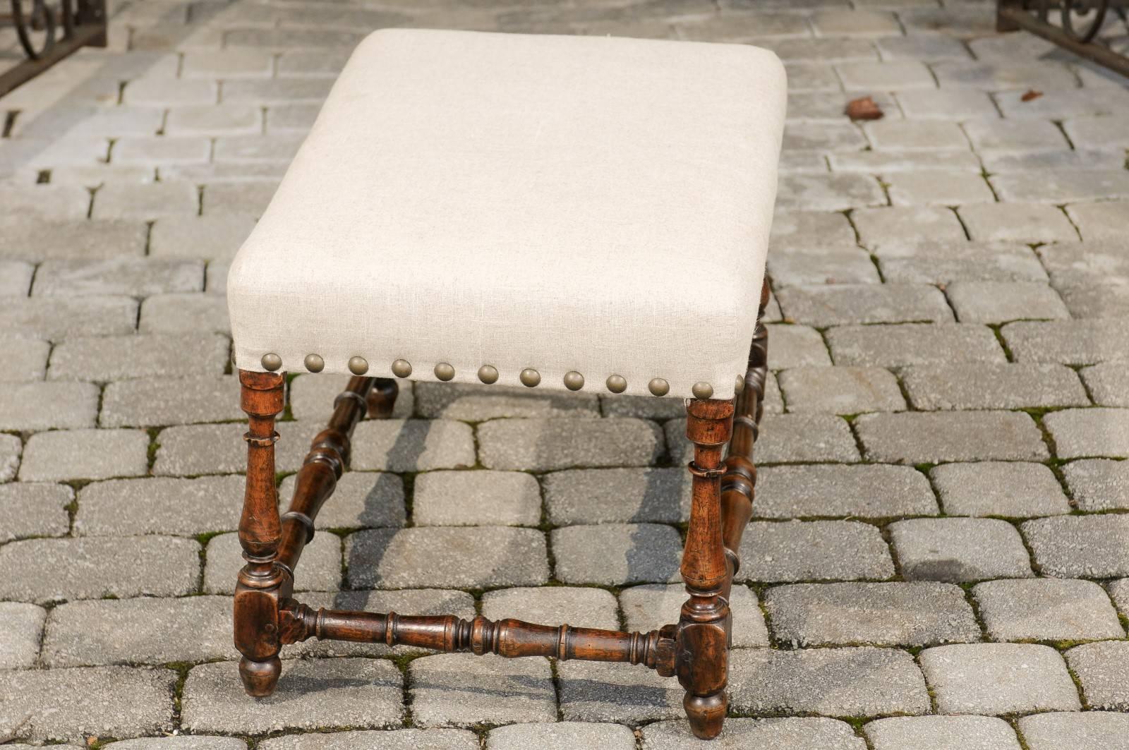 18th Century Italian Wooden Bench with Upholstered Seat and Brass Nailheads 3