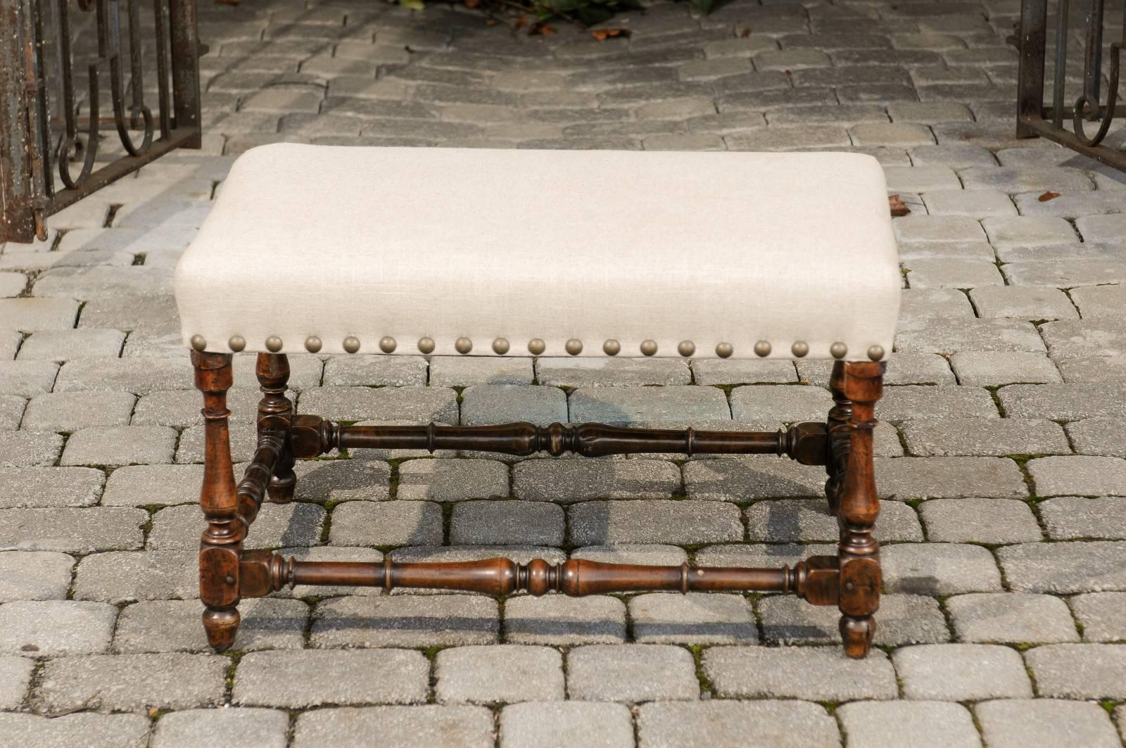 18th Century Italian Wooden Bench with Upholstered Seat and Brass Nailheads 2