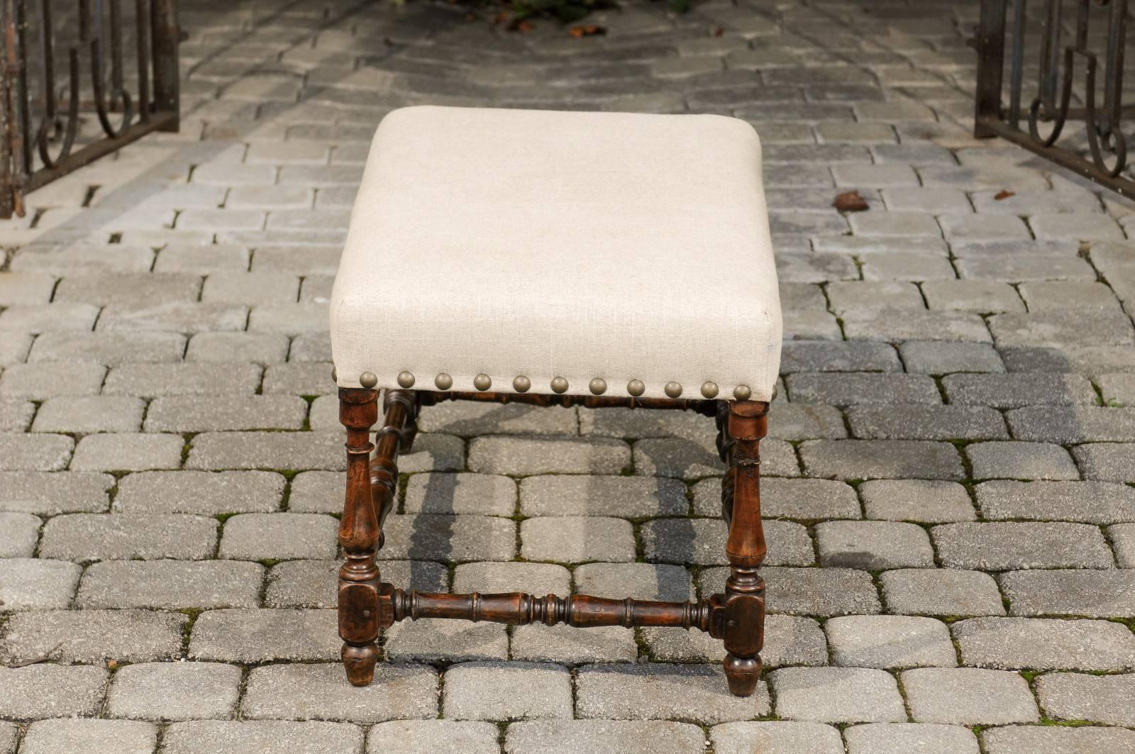 18th Century Italian Wooden Bench with Upholstered Seat and Brass Nailheads 1