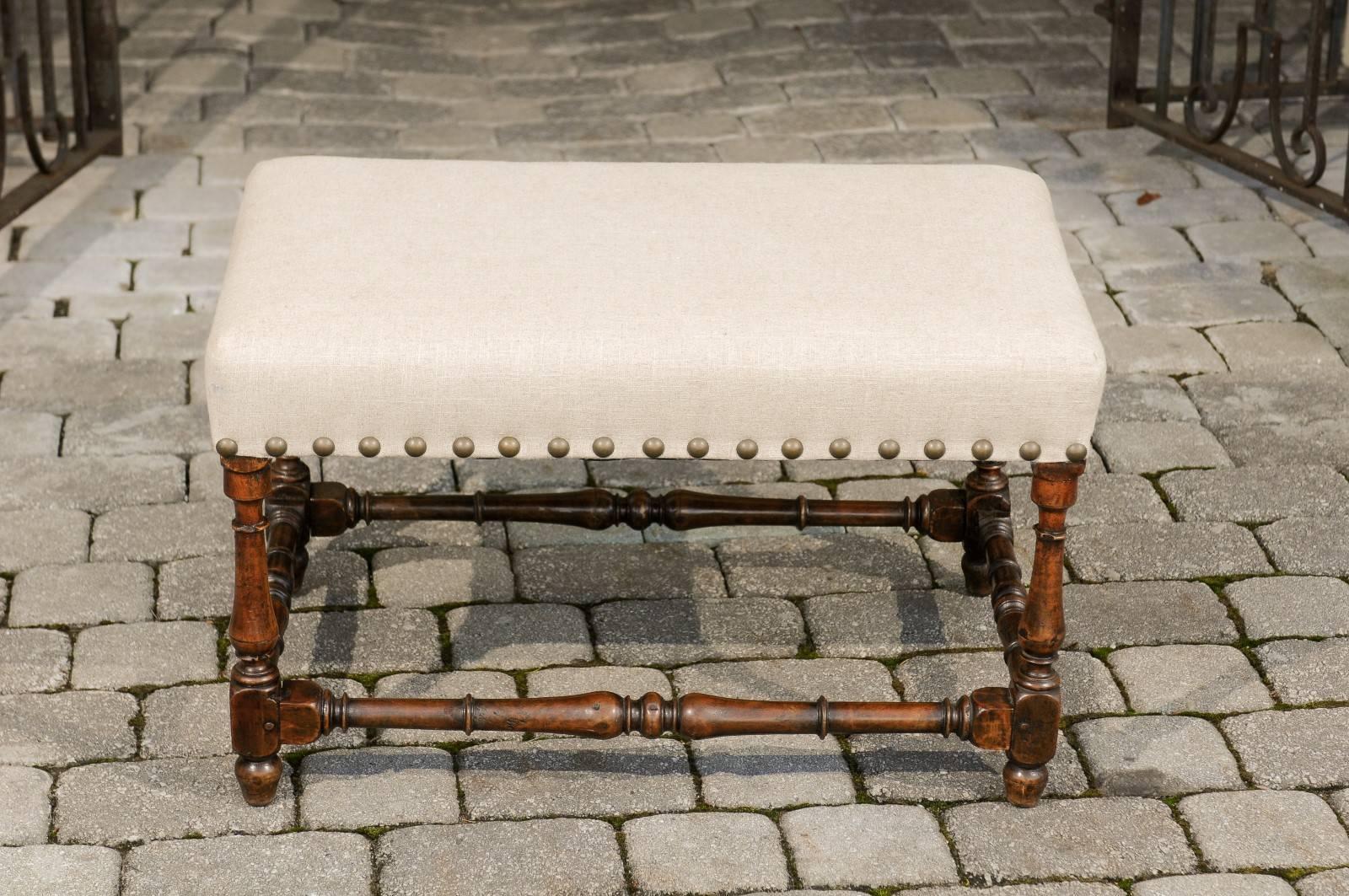18th Century Italian Wooden Bench with Upholstered Seat and Brass Nailheads 4