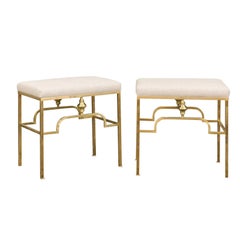 Vintage Pair of Midcentury Italian Stools with Brass Armature and Upholstered Seats