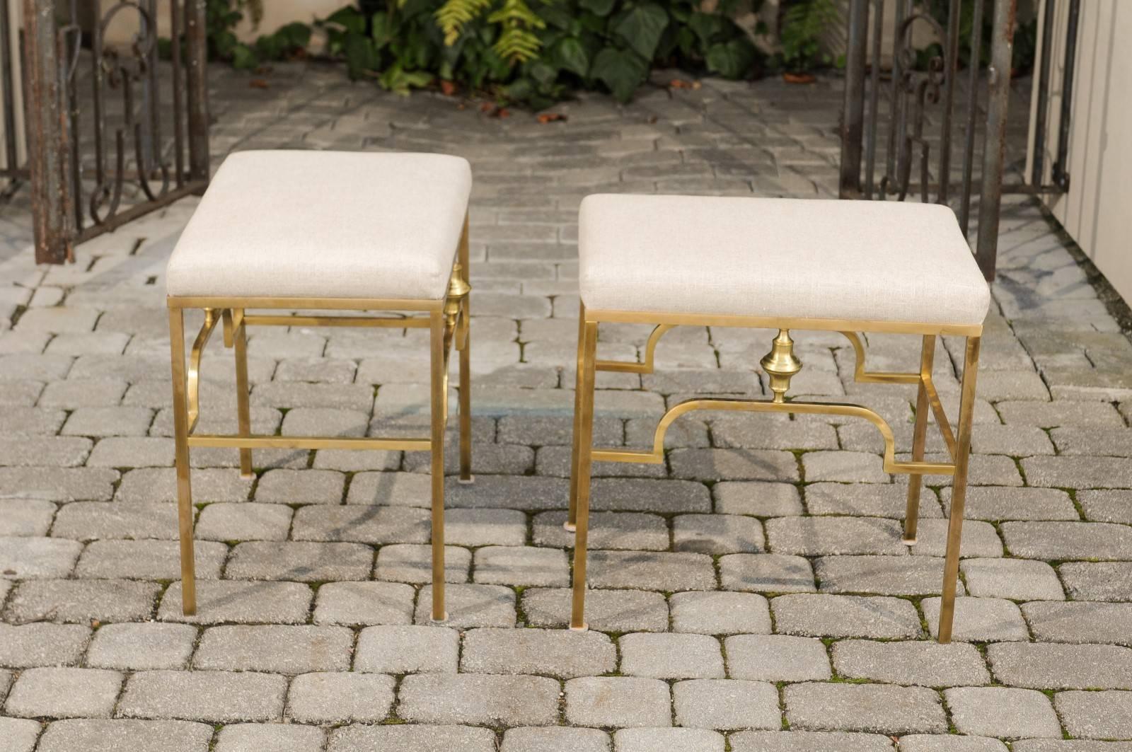 20th Century Pair of Midcentury Italian Stools with Brass Armature and Upholstered Seats For Sale