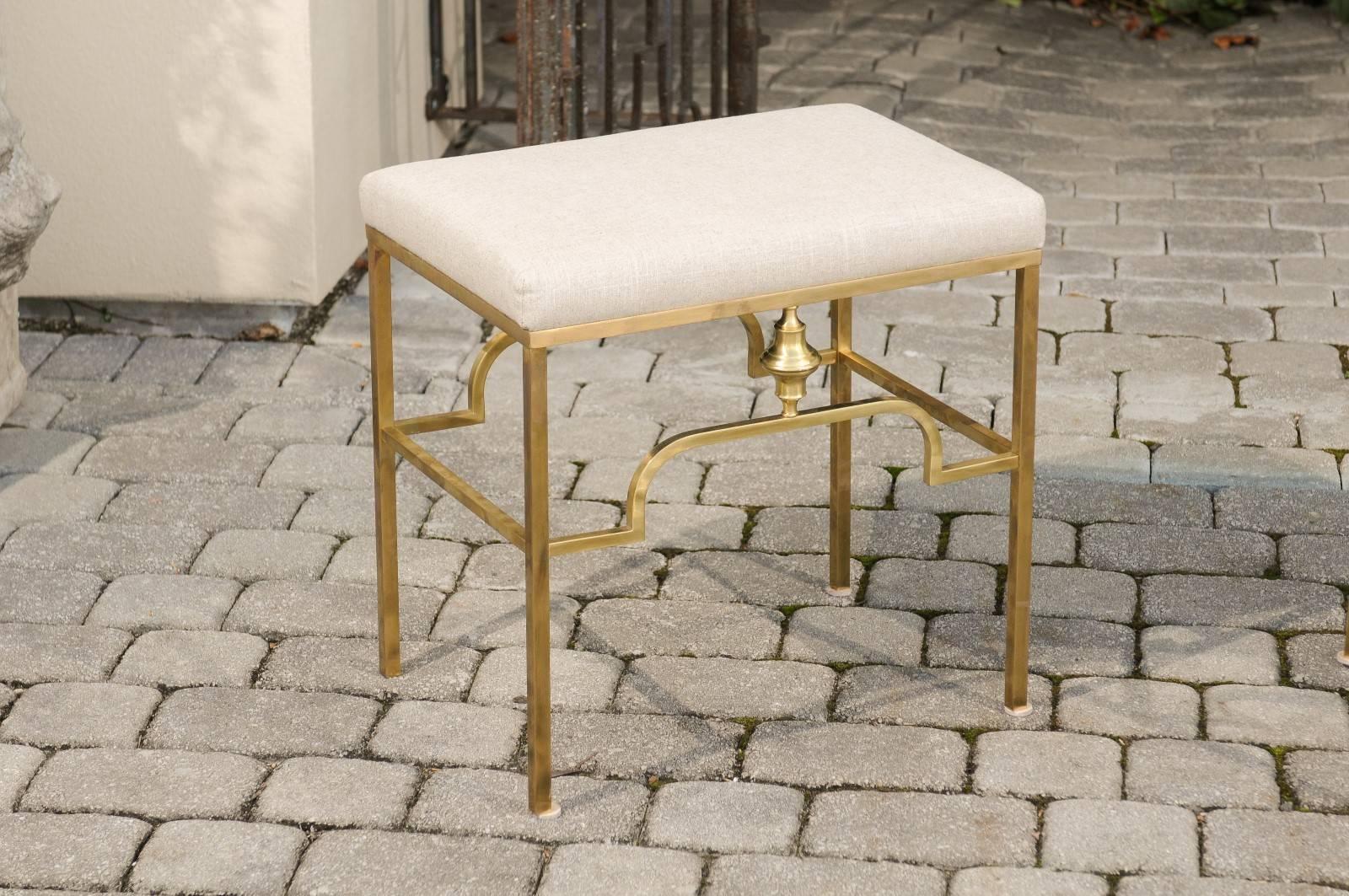 Pair of Midcentury Italian Stools with Brass Armature and Upholstered Seats In Good Condition For Sale In Atlanta, GA