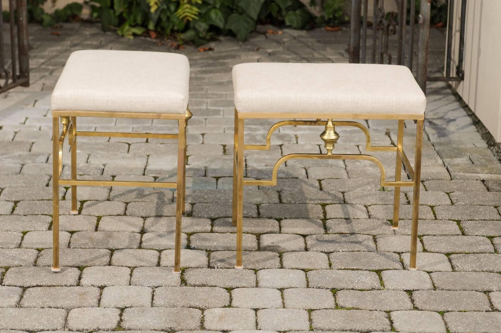 Pair of Midcentury Italian Stools with Brass Armature and Upholstered Seats For Sale 2