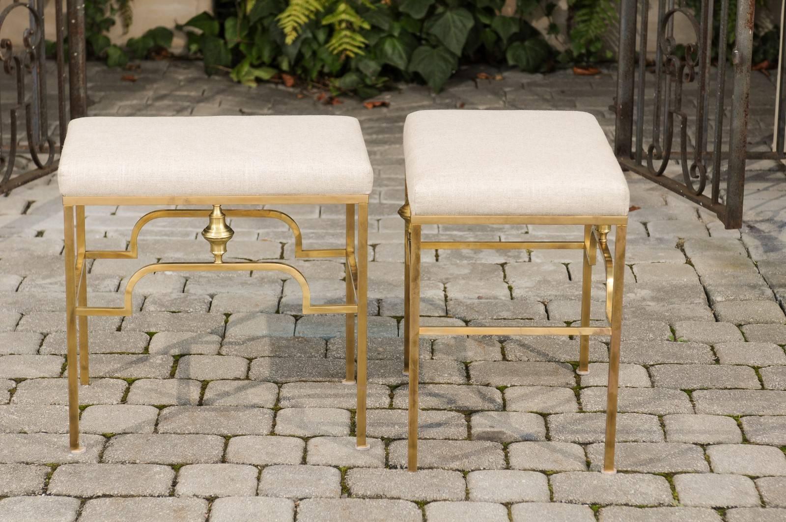Pair of Midcentury Italian Stools with Brass Armature and Upholstered Seats For Sale 3