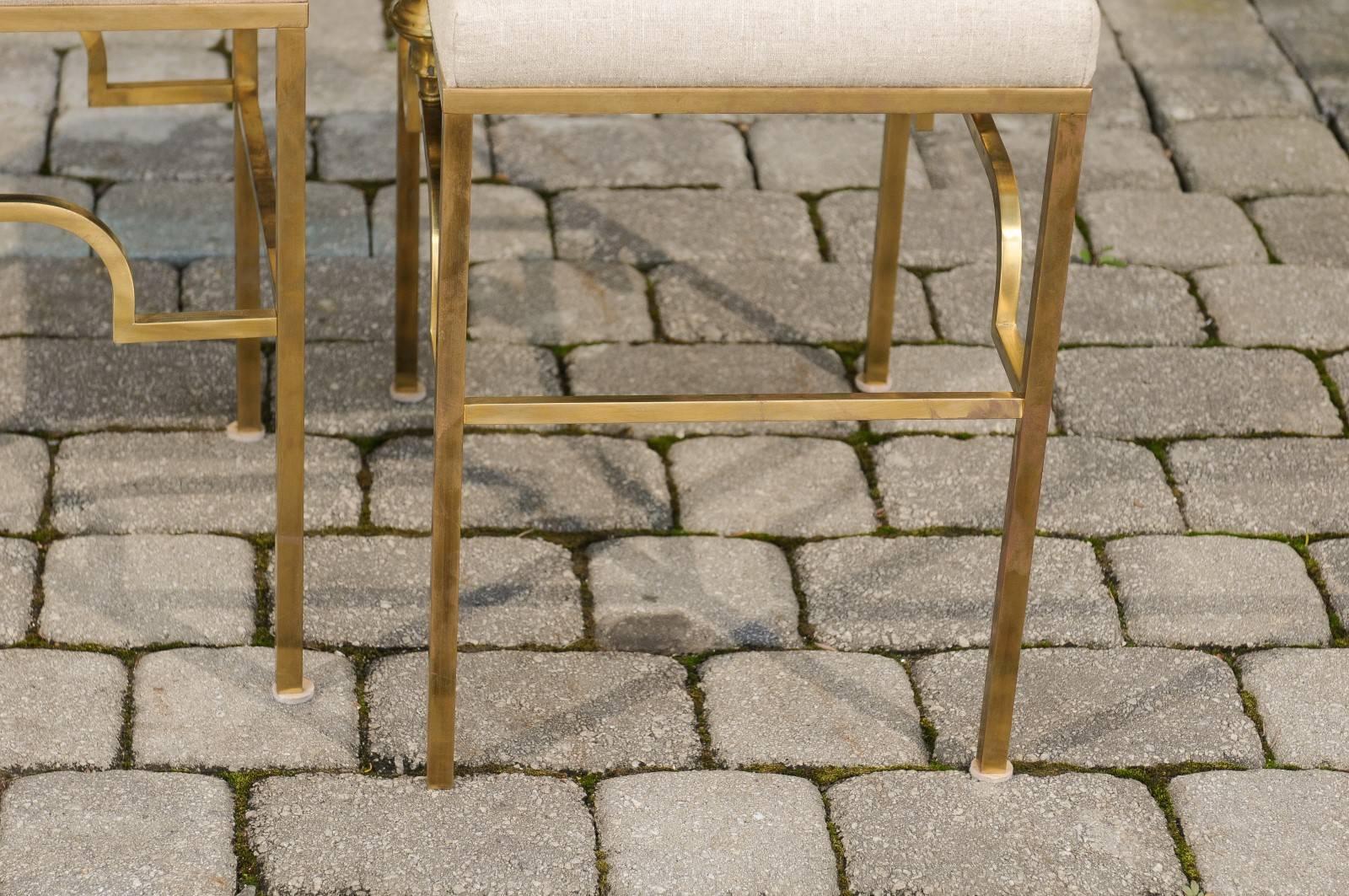 Pair of Midcentury Italian Stools with Brass Armature and Upholstered Seats For Sale 5