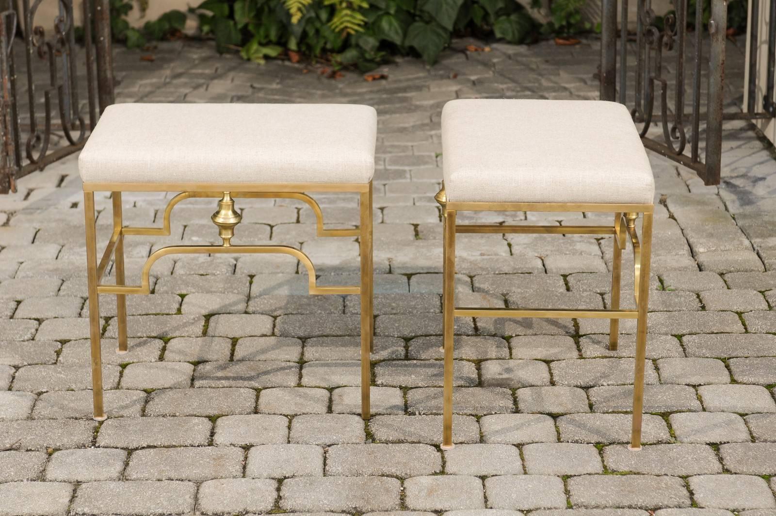 Pair of Midcentury Italian Stools with Brass Armature and Upholstered Seats For Sale 1