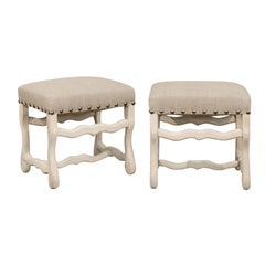 Pair of French Bleached Wood Louis XIII Style Upholstered Os de Mouton Stools