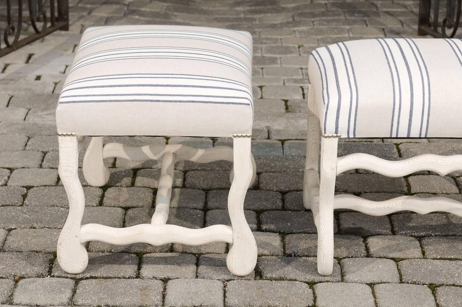 Pair of French 1900s Bleached Wood Os de Mouton Stools with Upholstered Seats 2