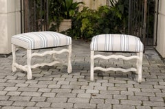 Pair of French 1900s Bleached Wood Os de Mouton Stools with Upholstered Seats