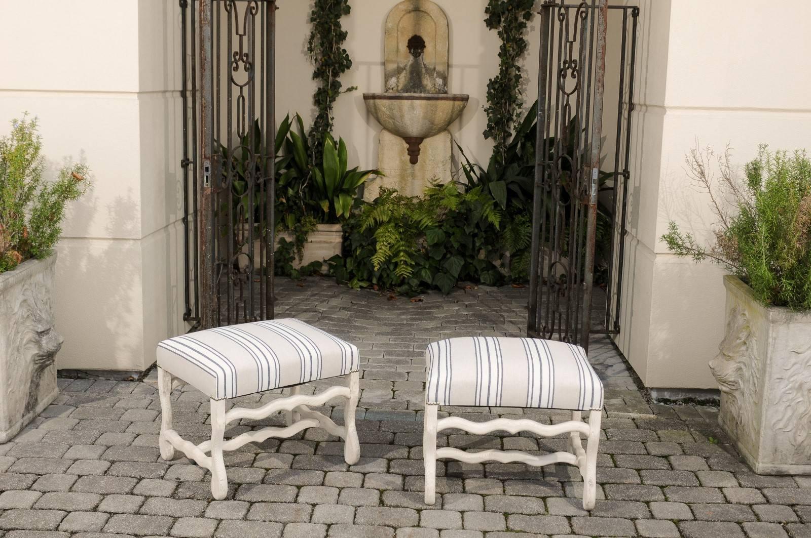 Pair of French 1900s Bleached Wood Os de Mouton Stools with Upholstered Seats In Good Condition In Atlanta, GA