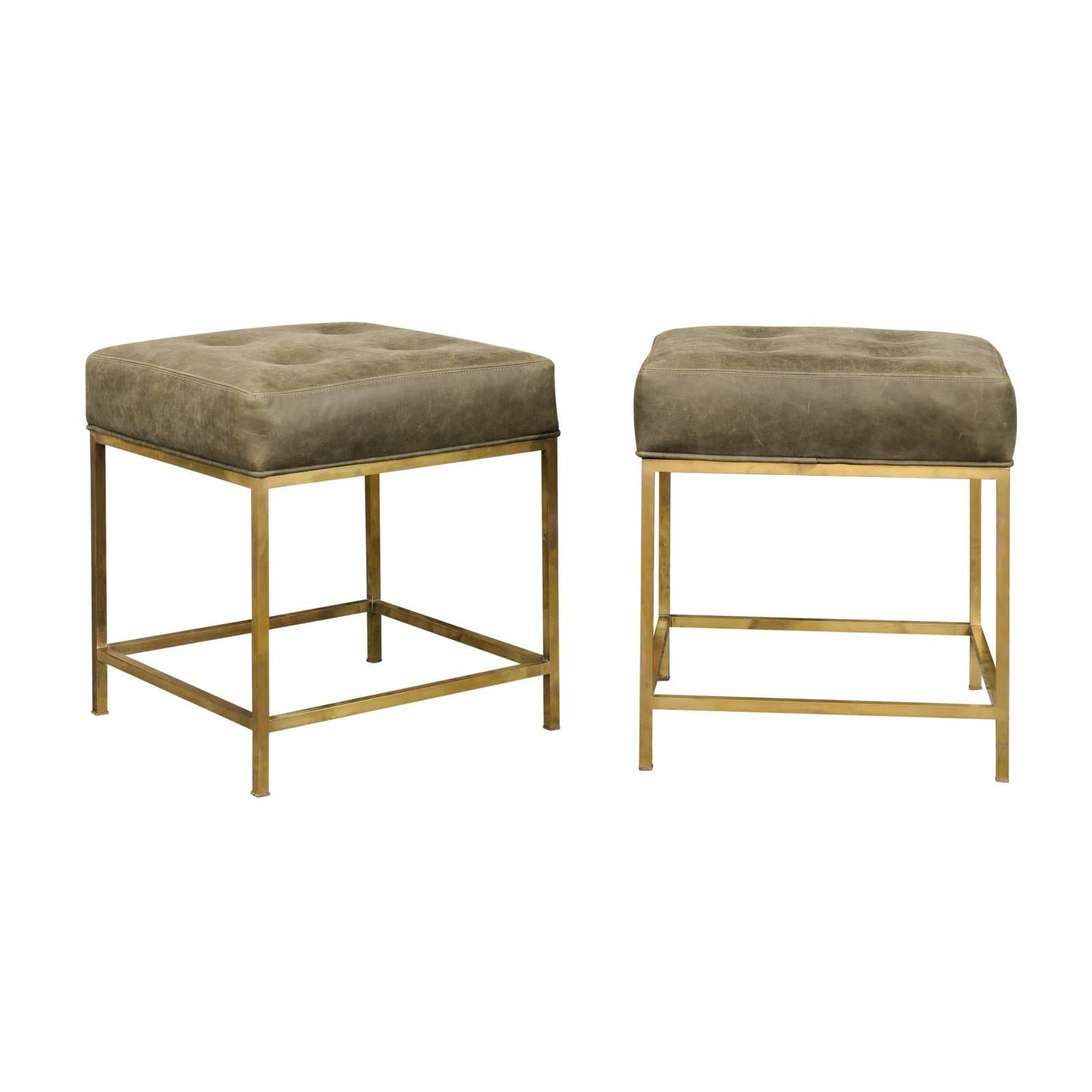 Pair of Vintage Italian 1960s Brass Stools with Green Tufted Leather Upholstery