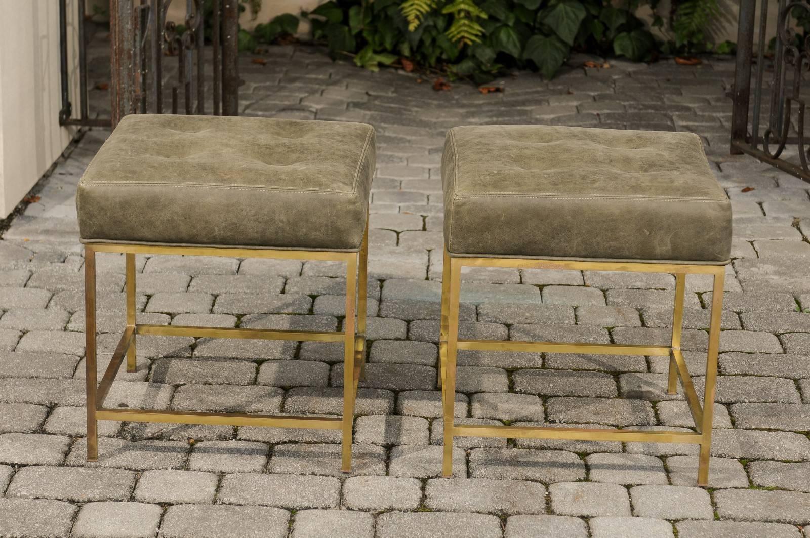 Pair of Vintage Italian 1960s Brass Stools with Green Tufted Leather Upholstery 1