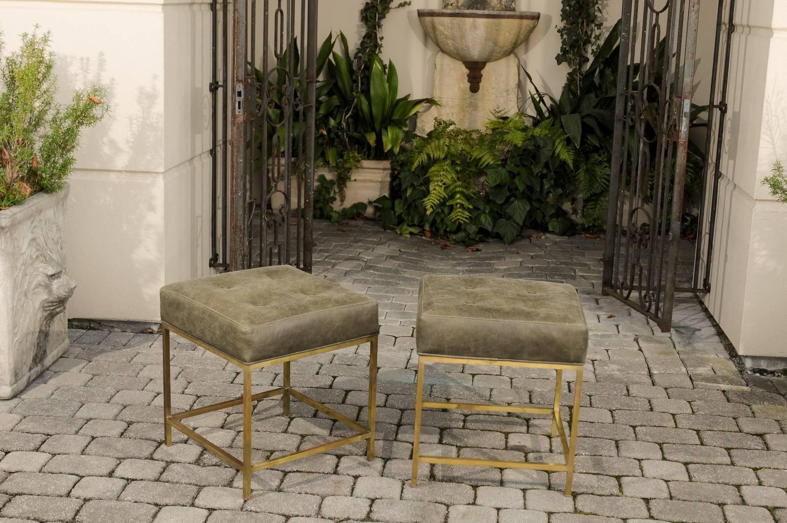 Mid-Century Modern Pair of Vintage Italian 1960s Brass Stools with Green Tufted Leather Upholstery