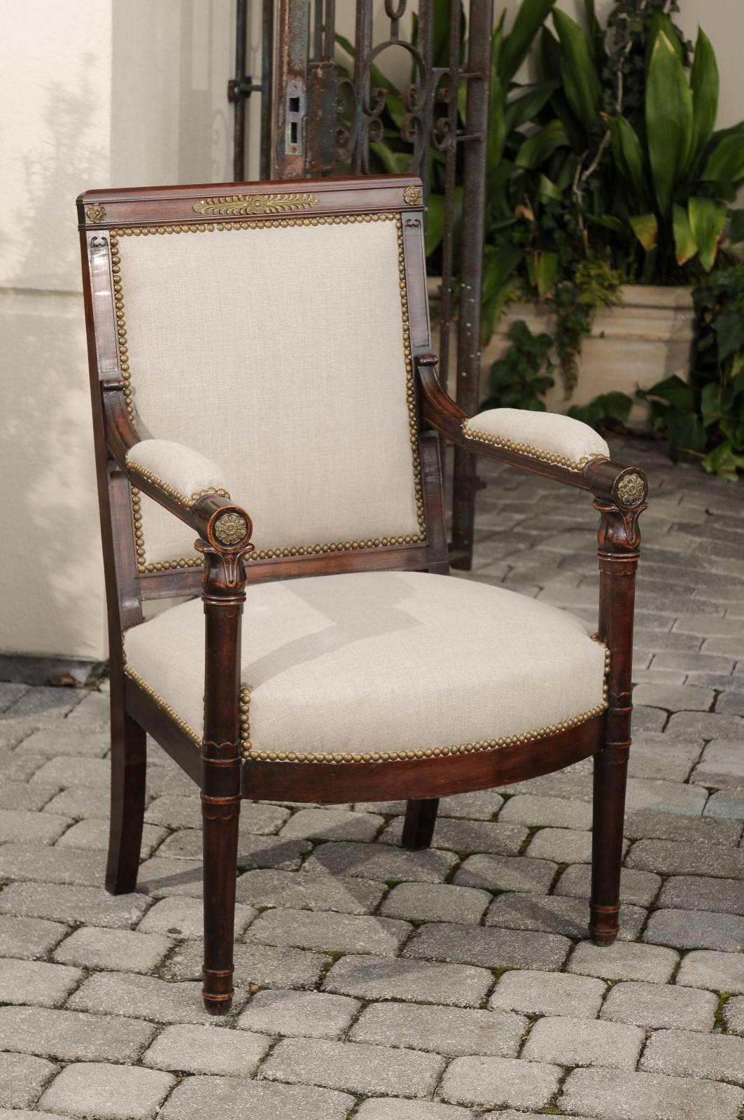 Upholstery English 19th Century Empire Revival Upholstered Armchairs with Palmettes For Sale