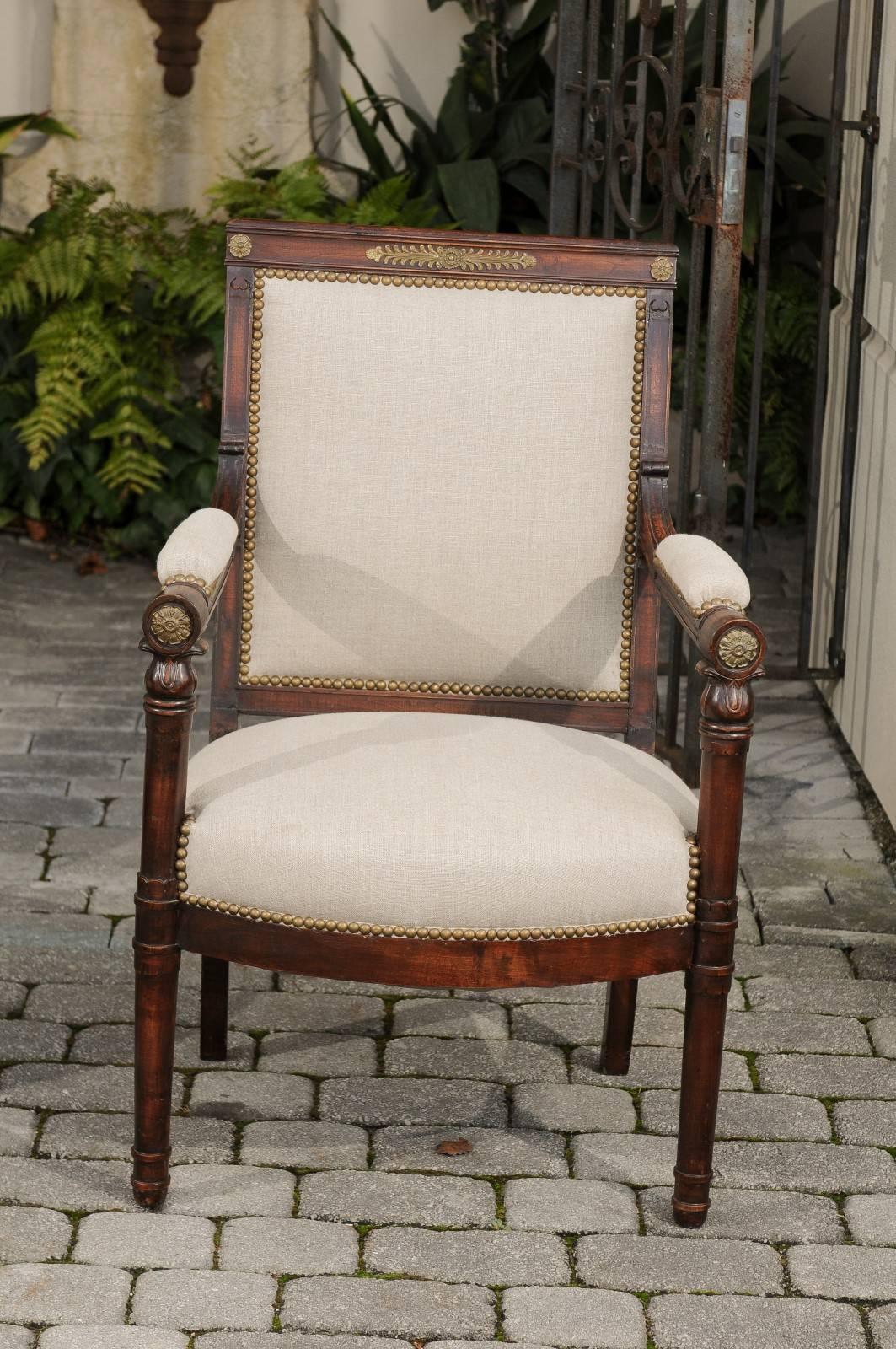 English 19th Century Empire Revival Upholstered Armchairs with Palmettes For Sale 1