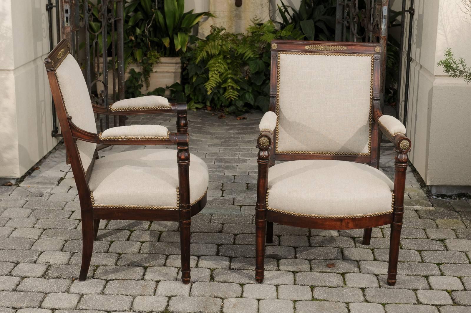 English 19th Century Empire Revival Upholstered Armchairs with Palmettes For Sale 2