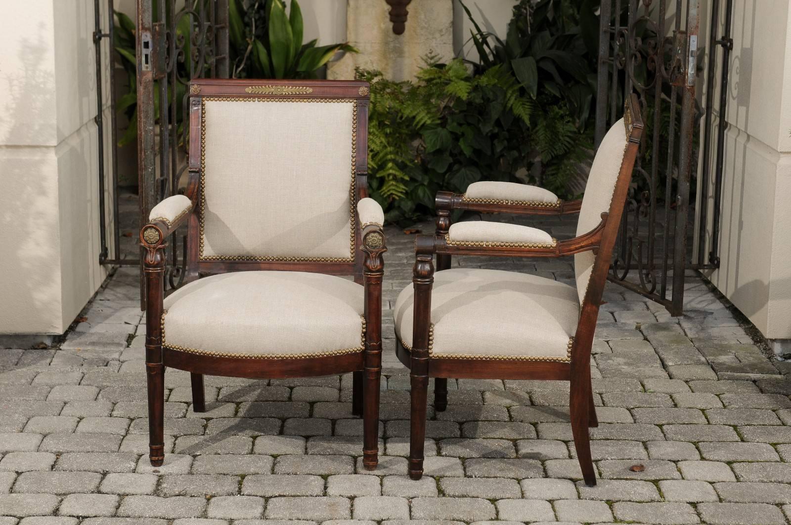English 19th Century Empire Revival Upholstered Armchairs with Palmettes For Sale 5