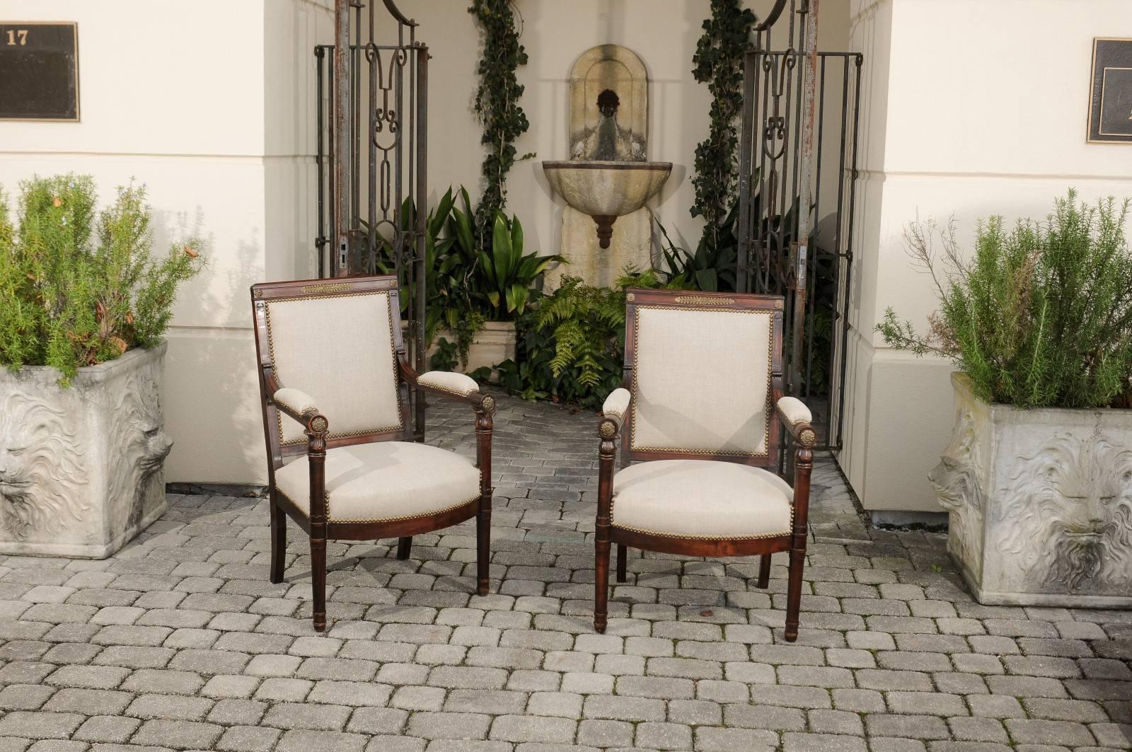 English 19th Century Empire Revival Upholstered Armchairs with Palmettes In Good Condition For Sale In Atlanta, GA