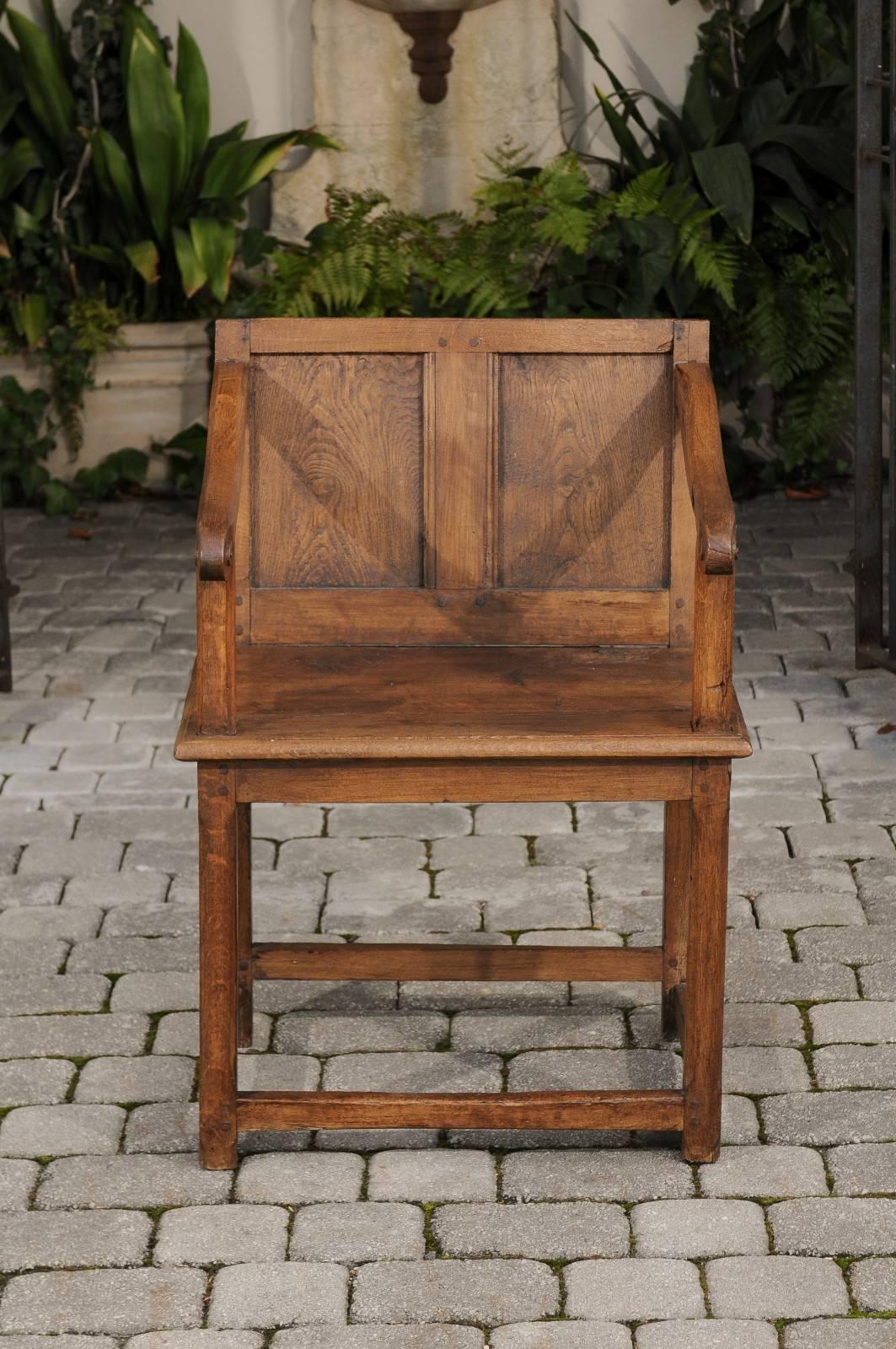English 1780s Georgian Panel Back Armchair with Planked Seat and Scrolled Arms 1