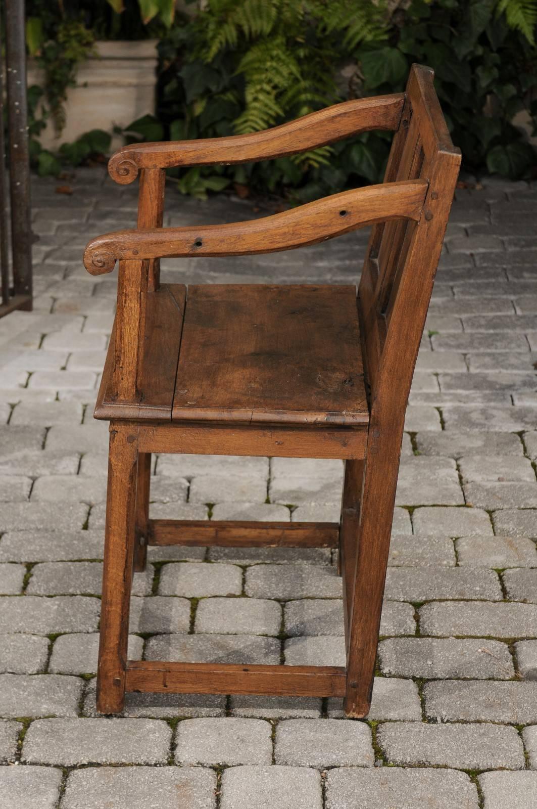 English 1780s Georgian Panel Back Armchair with Planked Seat and Scrolled Arms 4