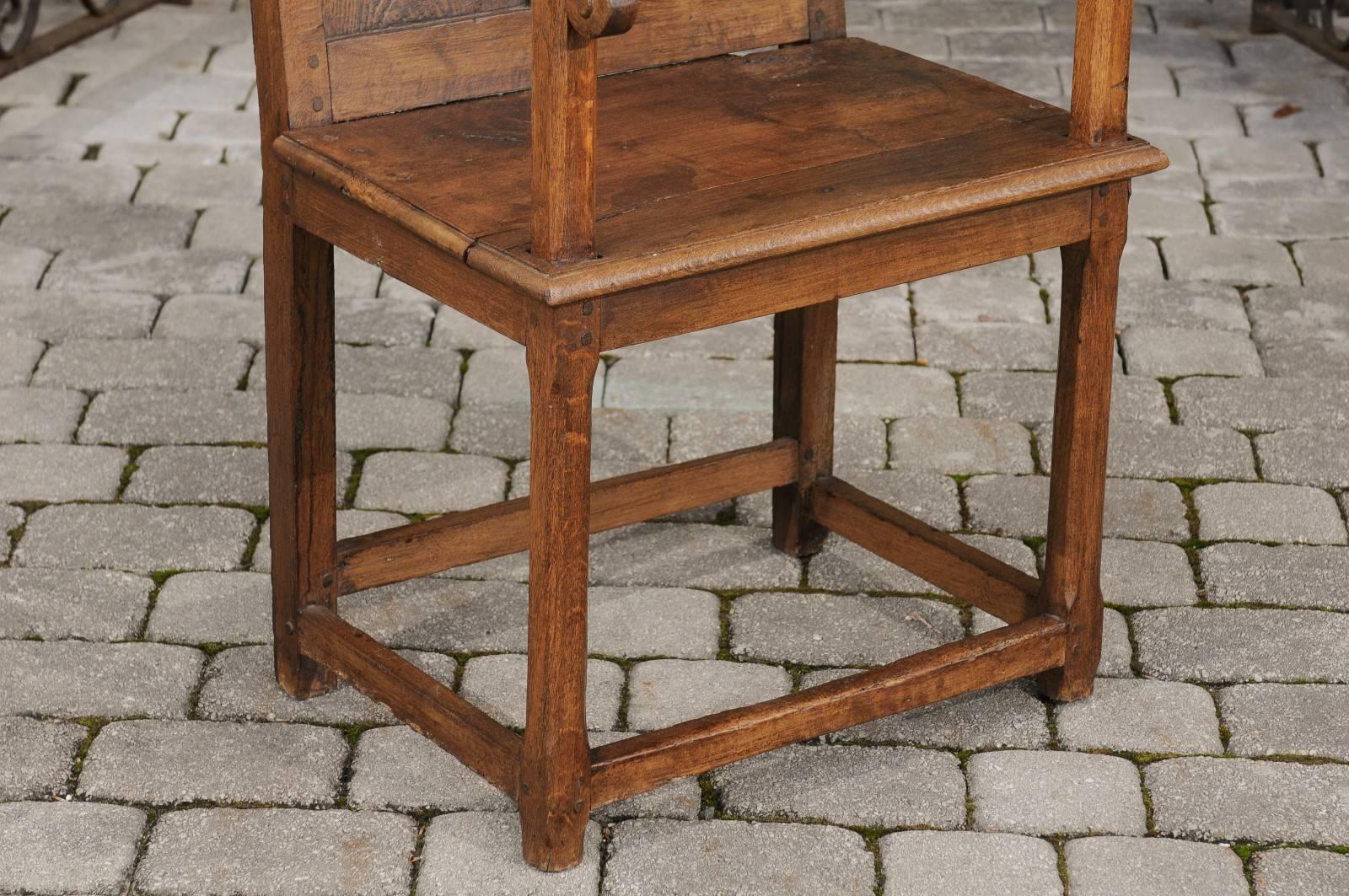 Wood English 1780s Georgian Panel Back Armchair with Planked Seat and Scrolled Arms