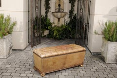English Tufted Leather Ottoman with Giltwood Frame and Storage, circa 1910