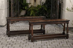 English, 1880s Oak Bench with Splayed Baluster-Turned Legs and Side Stretchers