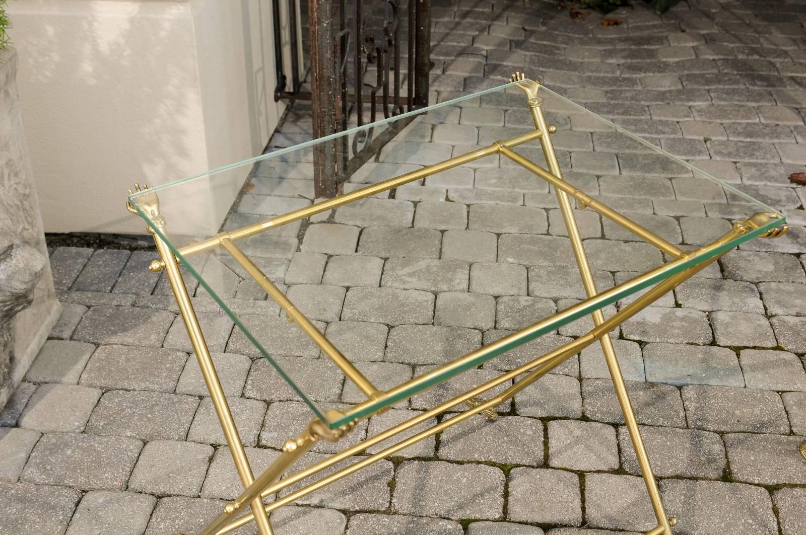 Vintage Pair of Italian Brass and Glass Folding Side Table with Sandaled Feet For Sale 2