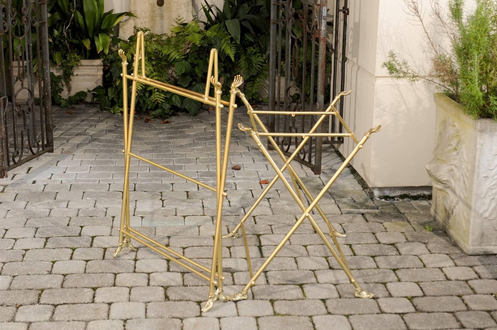Vintage Pair of Italian Brass and Glass Folding Side Table with Sandaled Feet For Sale 5