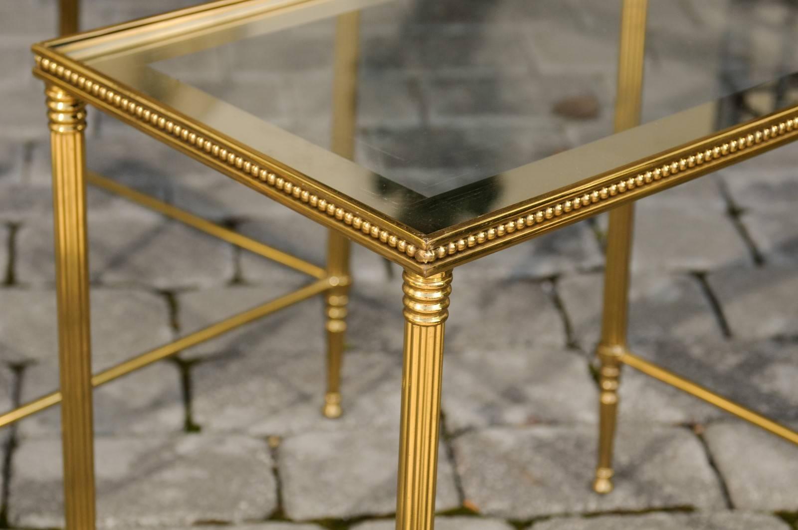 Set of Three 1950s French Brass and Glass Nesting Tables with Beaded Trim For Sale 3