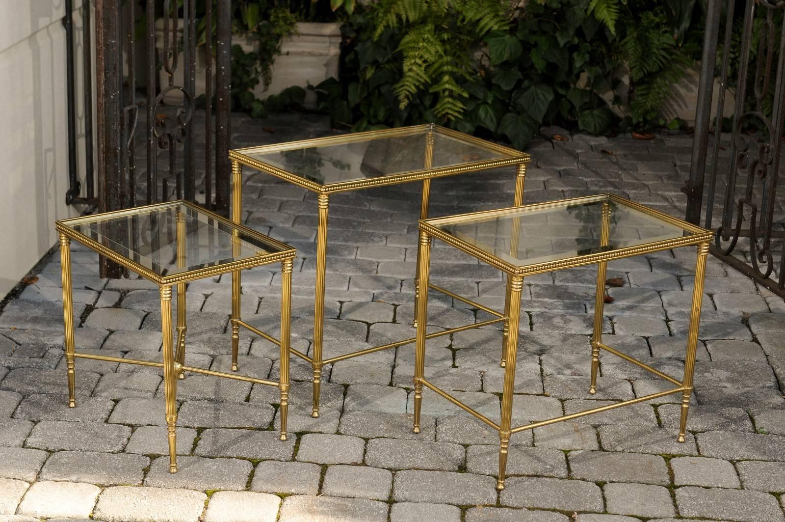 Set of Three 1950s French Brass and Glass Nesting Tables with Beaded Trim For Sale 1