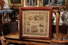 English Framed Petit Point Sampler with Animals and Floral Motifs, circa 1840