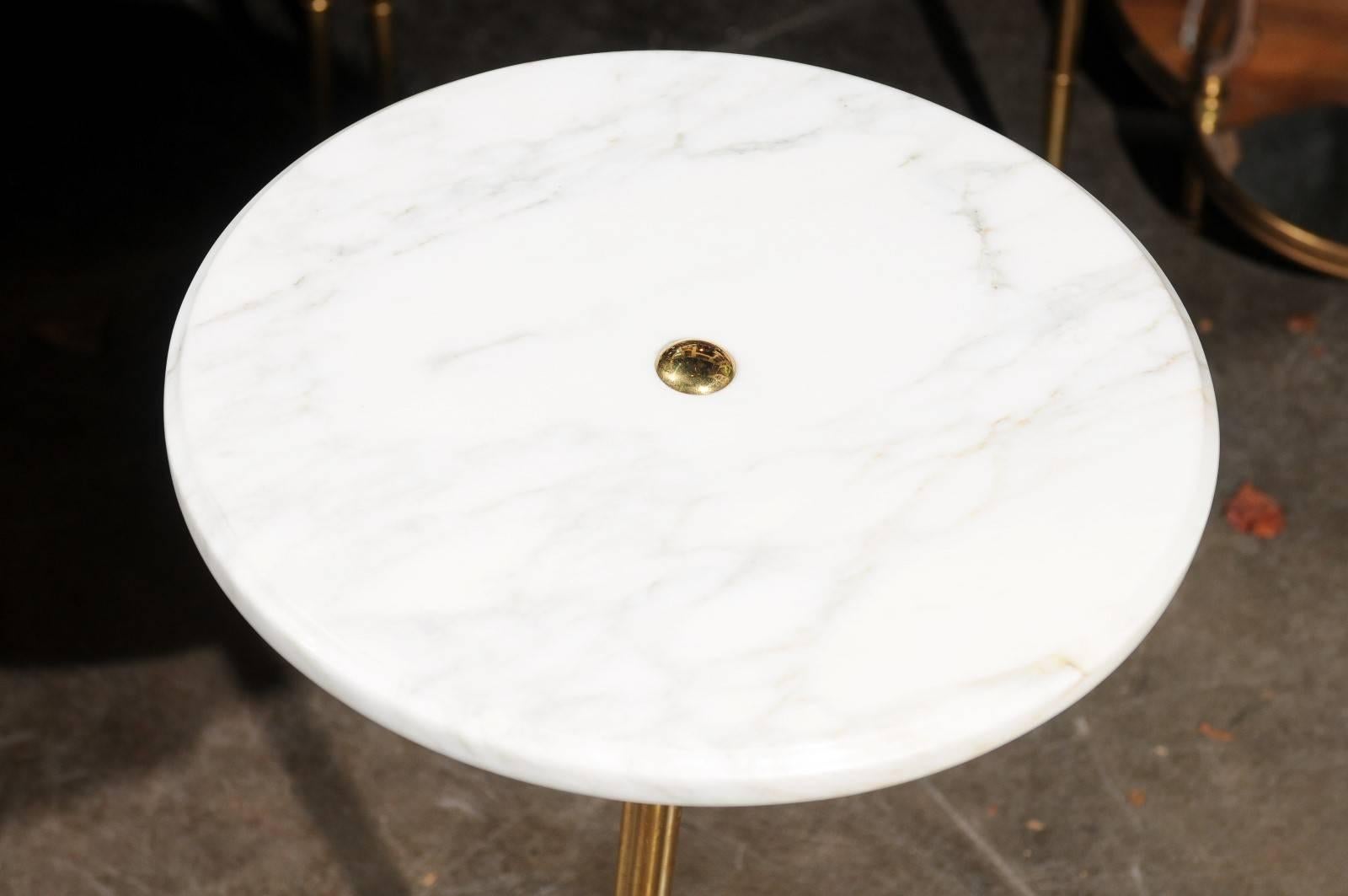 20th Century Italian Vintage Round Drinks Table with White Marble Top and Brass Pedestal Base