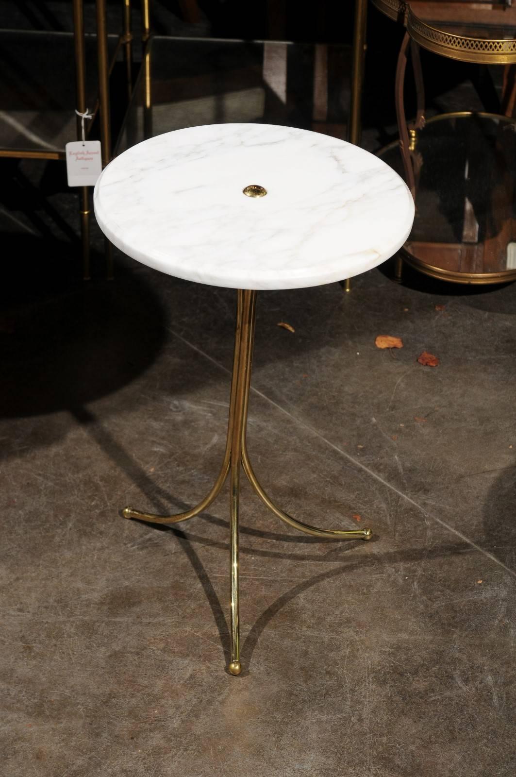 Mid-Century Modern Italian Vintage Round Drinks Table with White Marble Top and Brass Pedestal Base