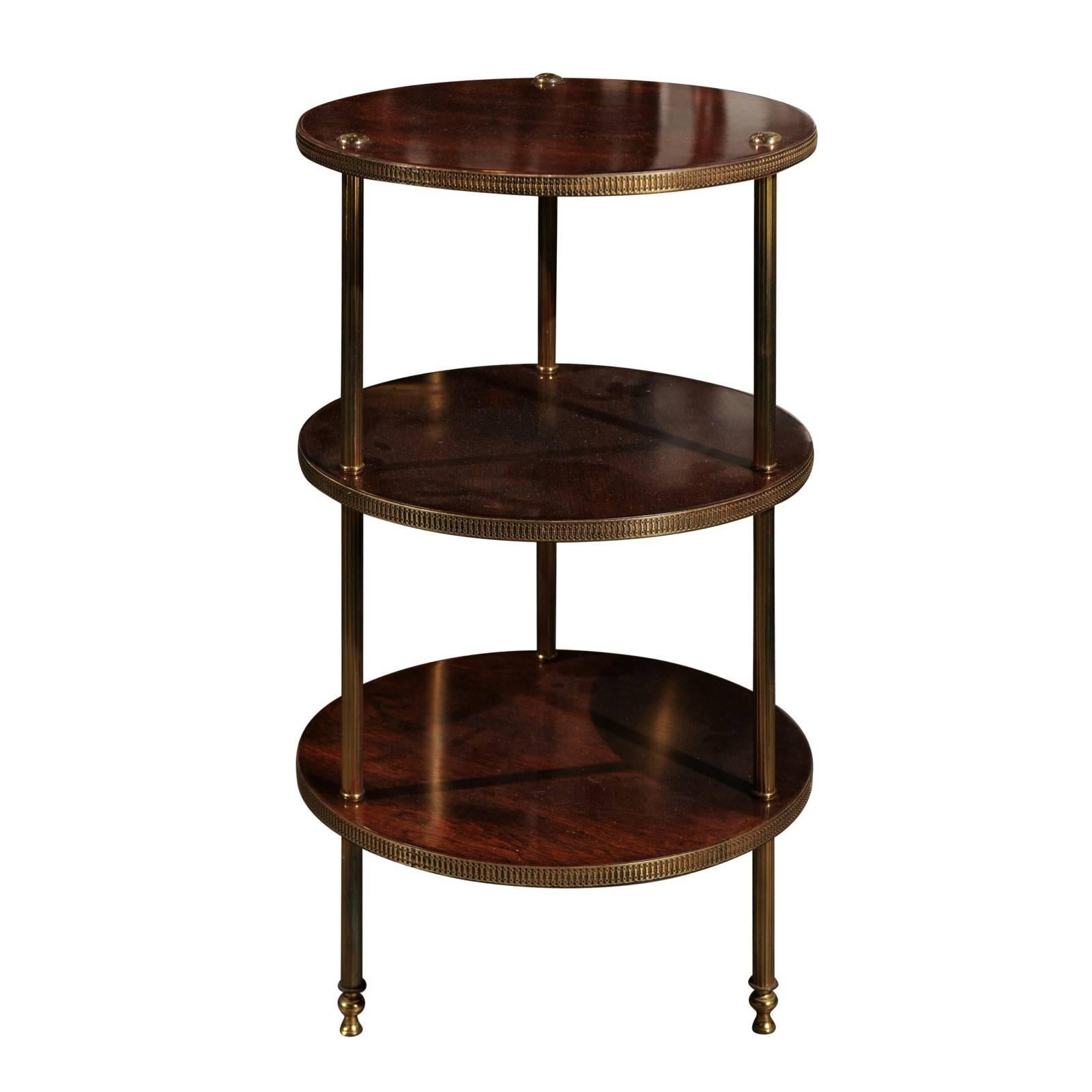 Vintage Italian 1950s Wood and Brass Three-Tiered Stand with Fluted Supports