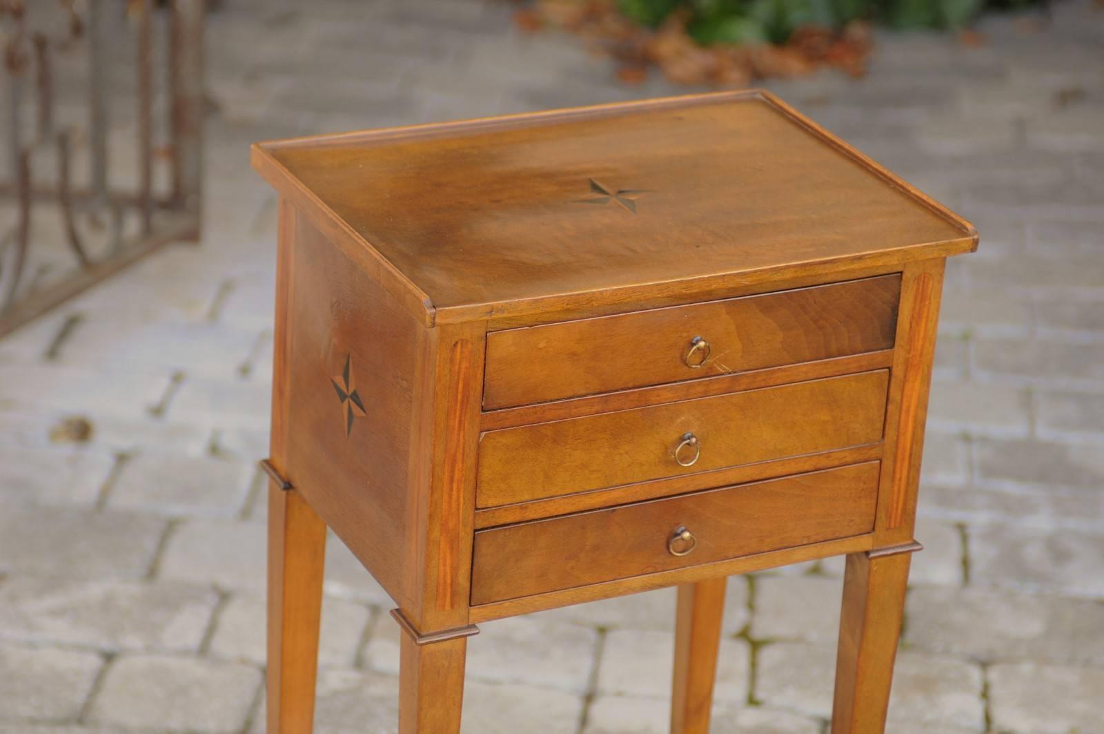 20th Century French 1920s Wooden Side Table with Star Inlay, Three Drawers and Lower Shelf